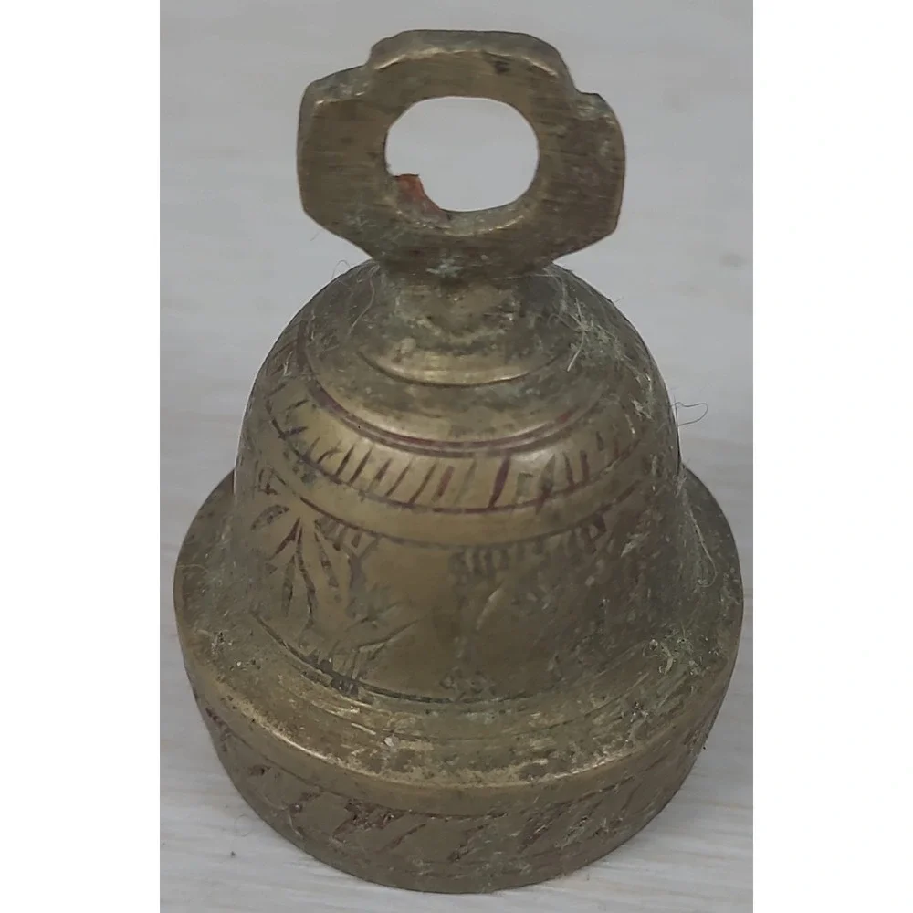 Vintage Etched Brass Bell Small Handcrafted Gold Red Accents 2 Inch Decor